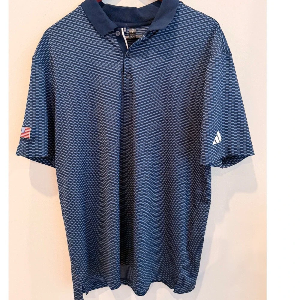 Adidas Mens Golf Polo Shirt Blue Geometric Textured USA Flag Patch XL